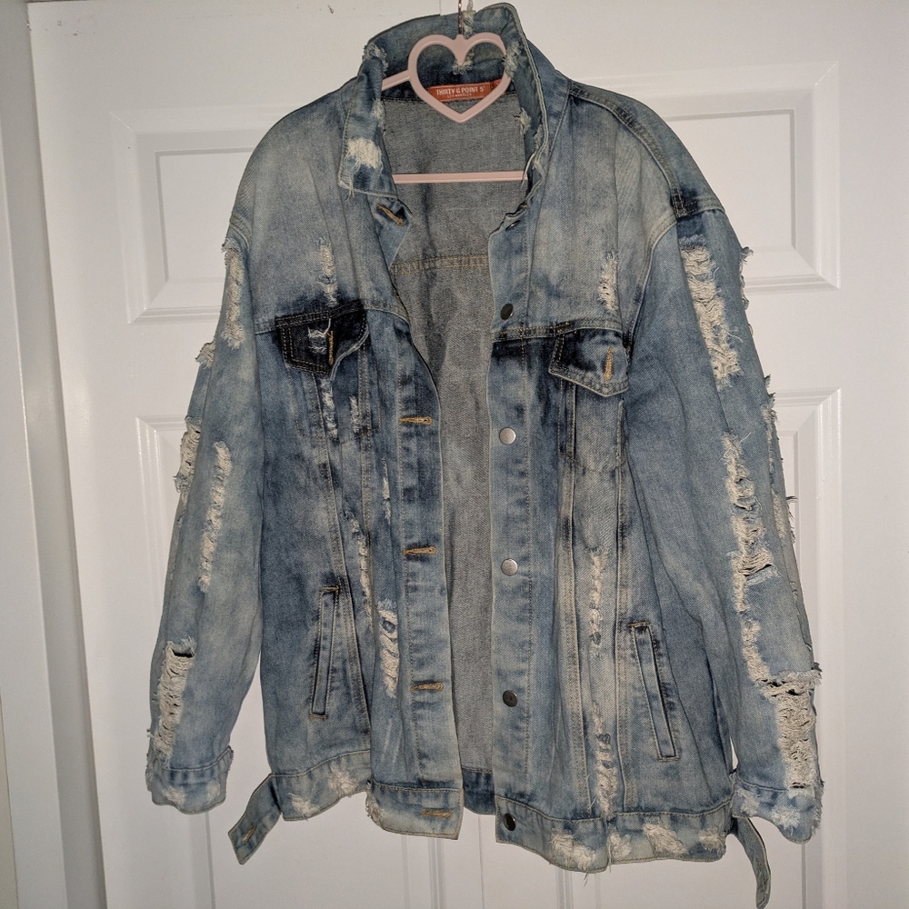 Thirty 6 Point 5 Oversized Distressed Denim Jacket - "Fashion Tour" Back Print